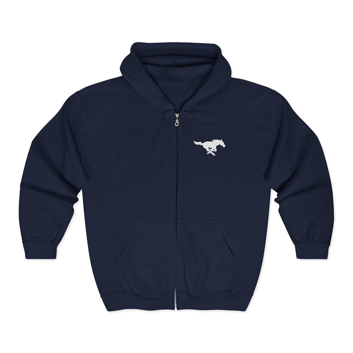 Embroidered White Mustang Full Zip Hoodie