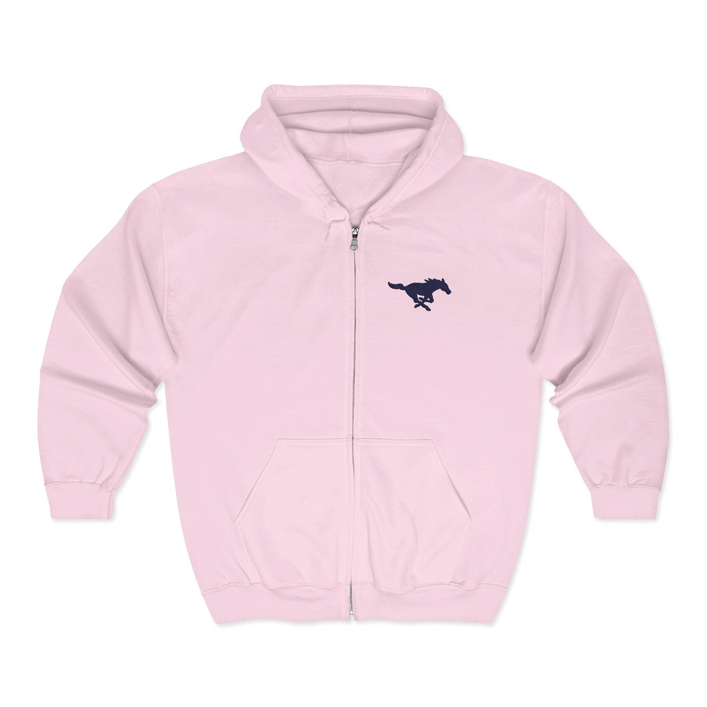 Embroidered Blue Mustang Full Zip Hoodie