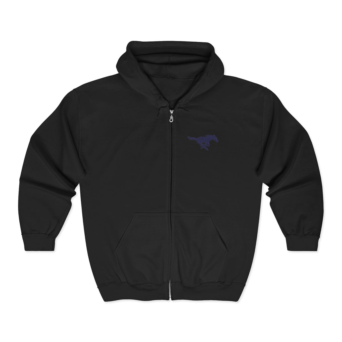 Embroidered Blue Mustang Full Zip Hoodie
