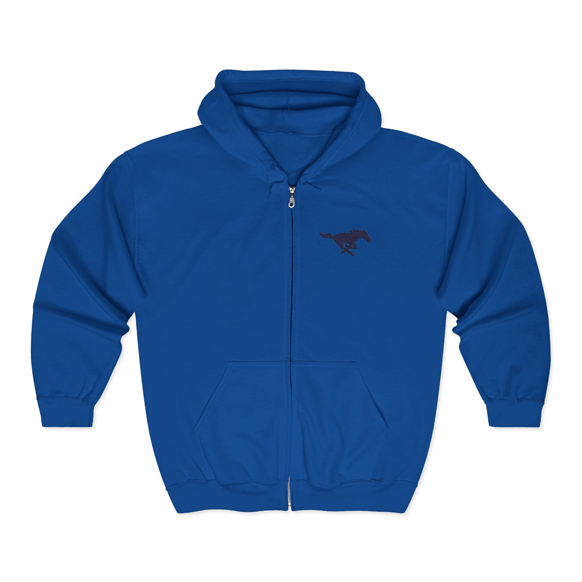 Embroidered Blue Mustang Full Zip Hoodie