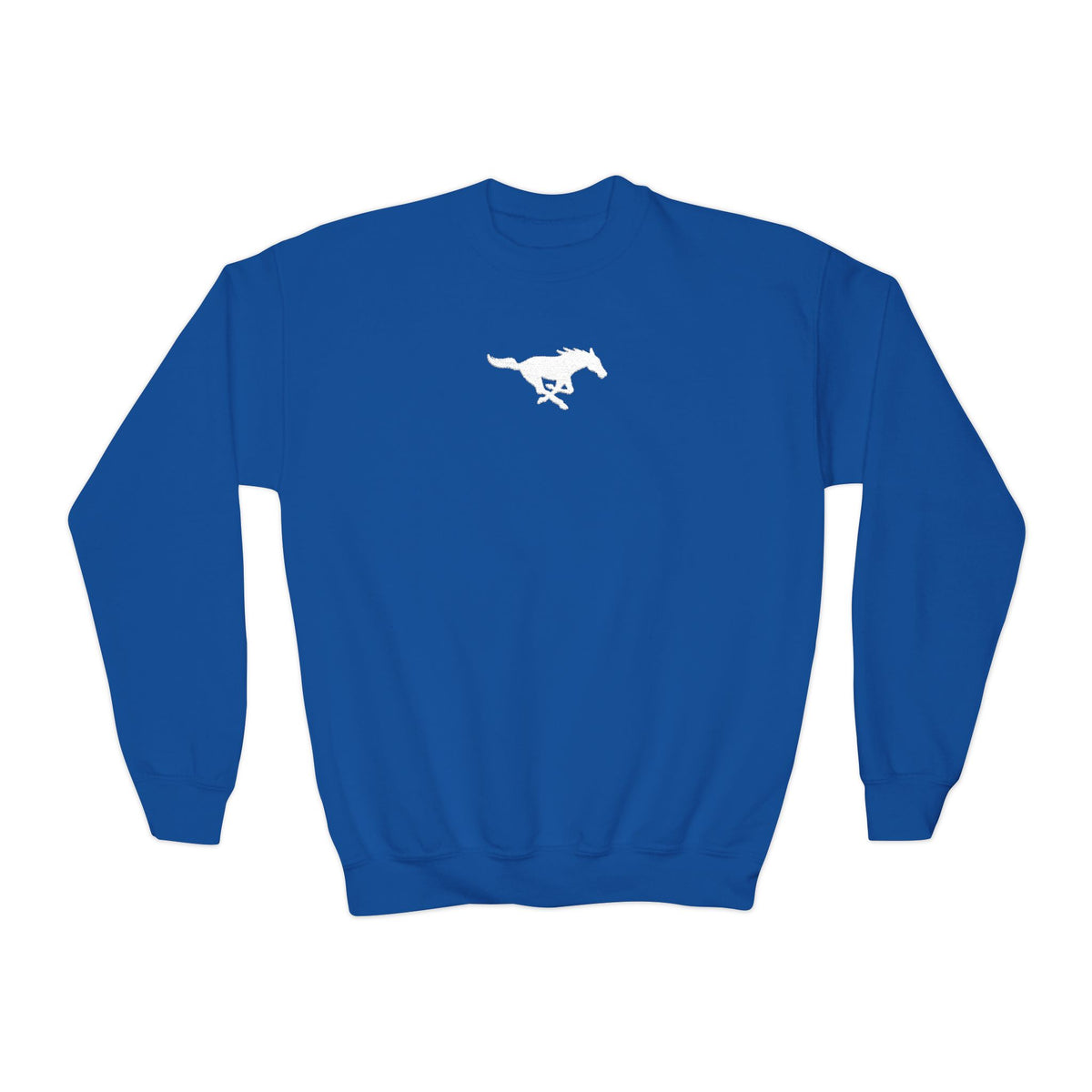 YOUTH Embroidered White Mustang Crewneck Sweatshirt