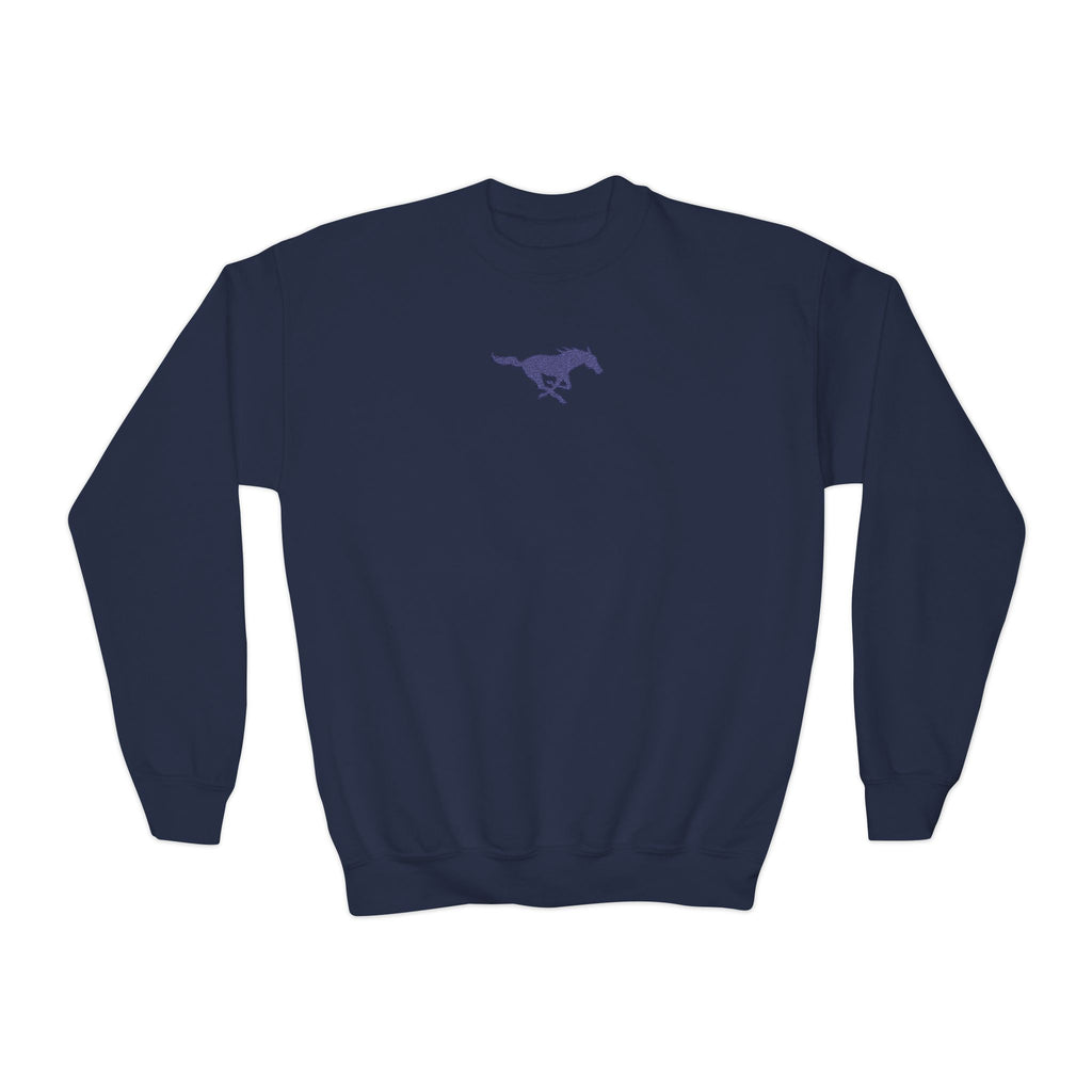 YOUTH Embroidered Blue Mustang Crewneck Sweatshirt