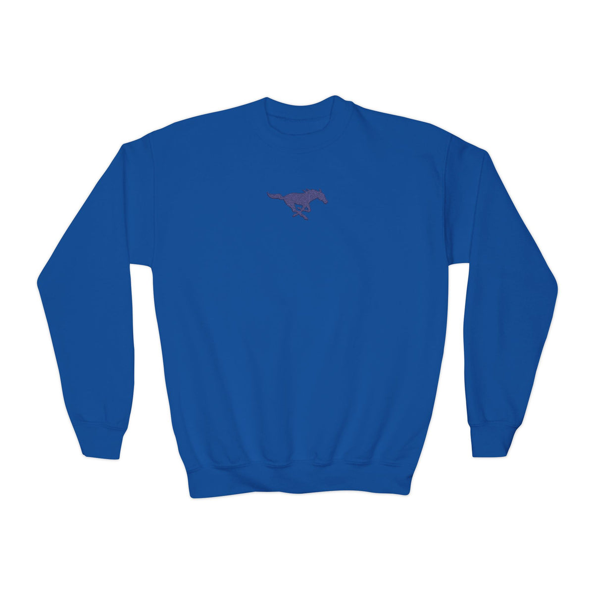 YOUTH Embroidered Blue Mustang Crewneck Sweatshirt
