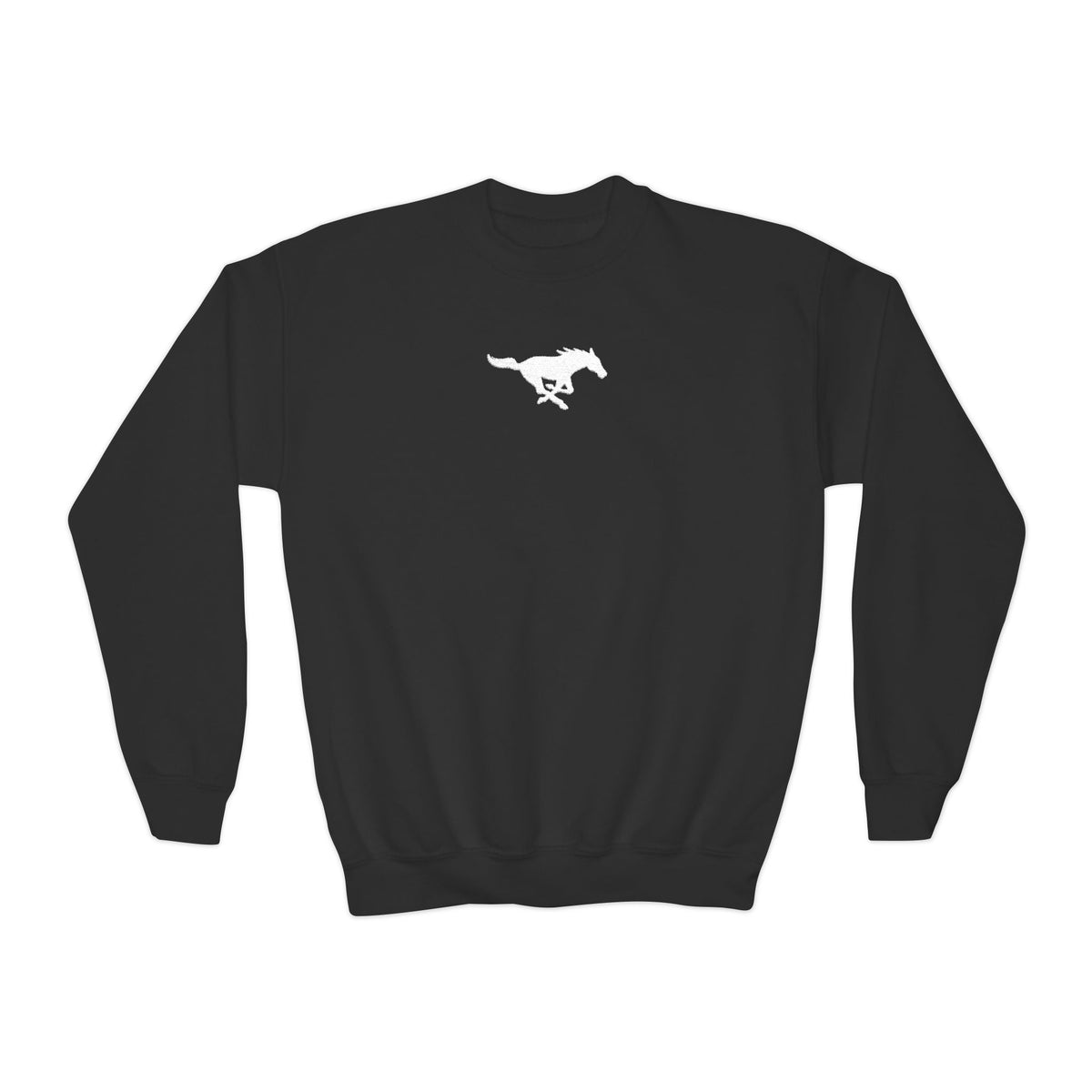 YOUTH Embroidered White Mustang Crewneck Sweatshirt