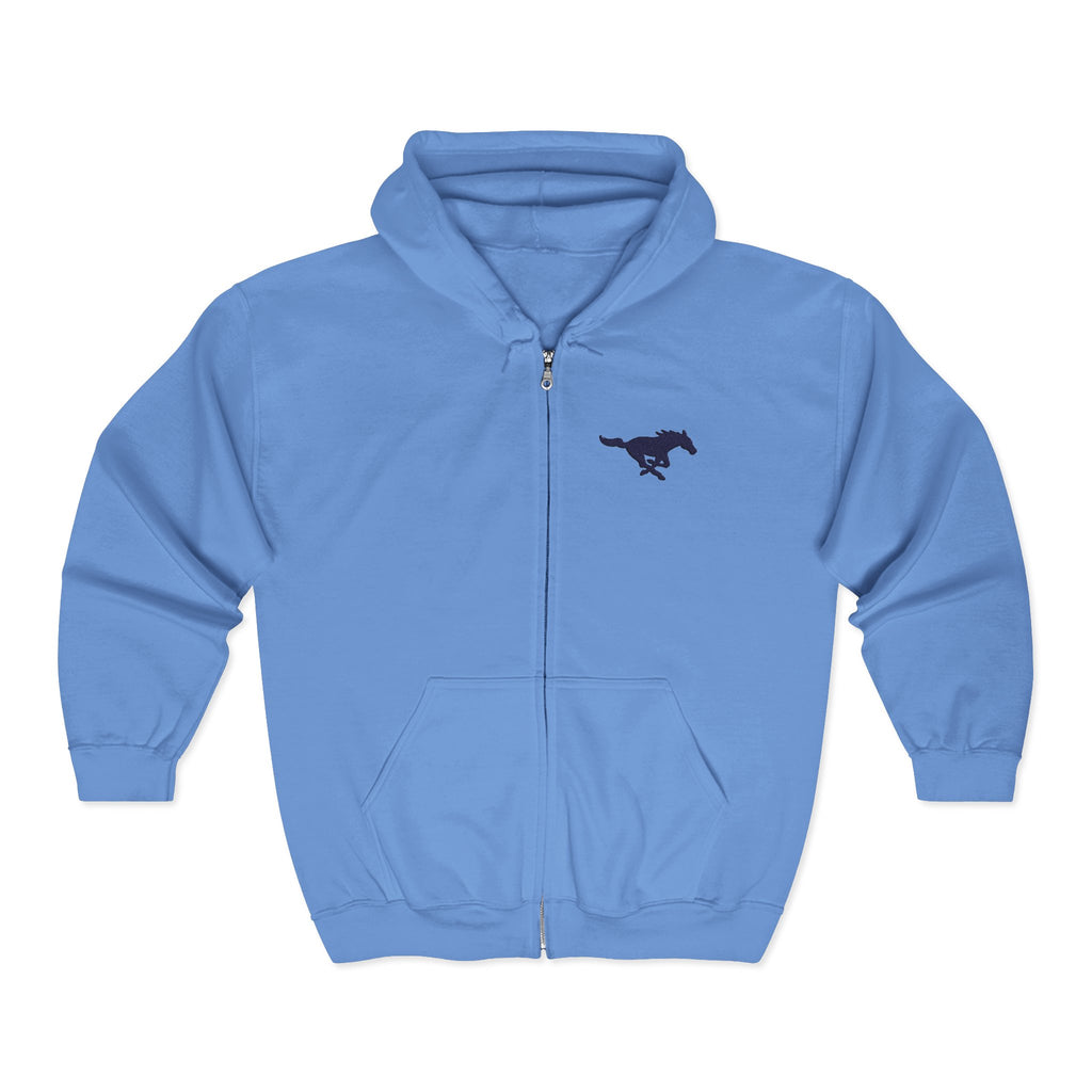 Embroidered Blue Mustang Full Zip Hoodie