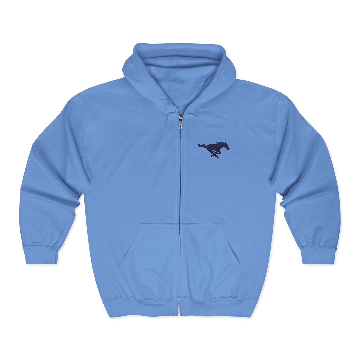 Embroidered Blue Mustang Full Zip Hoodie