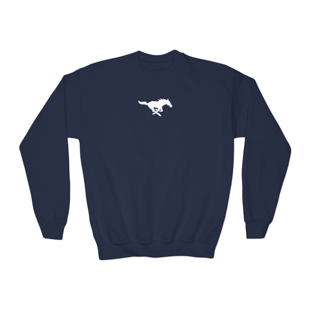 YOUTH Embroidered White Mustang Crewneck Sweatshirt