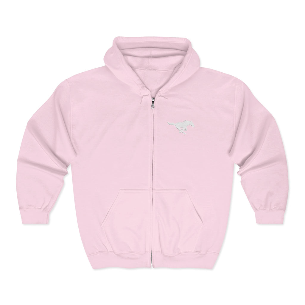 Embroidered White Mustang Full Zip Hoodie