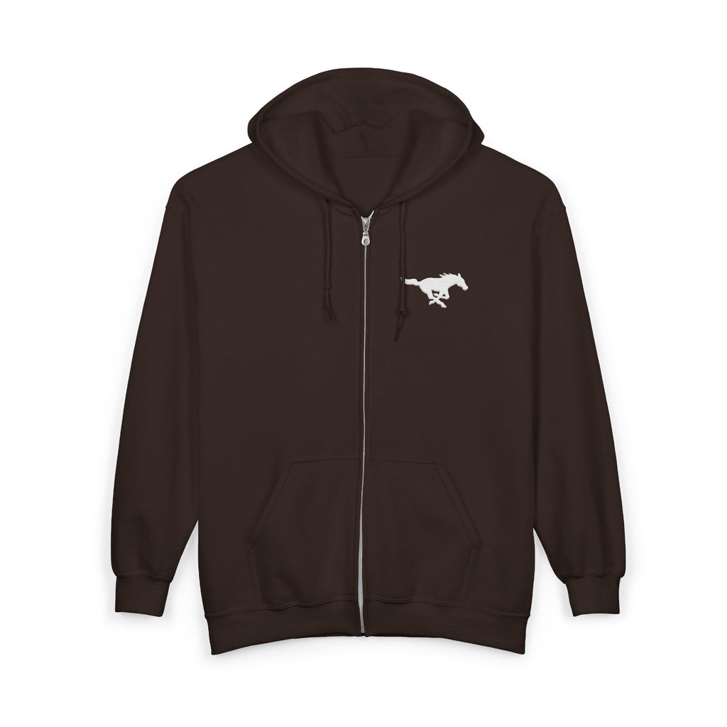Embroidered White Mustang Full Zip Hoodie