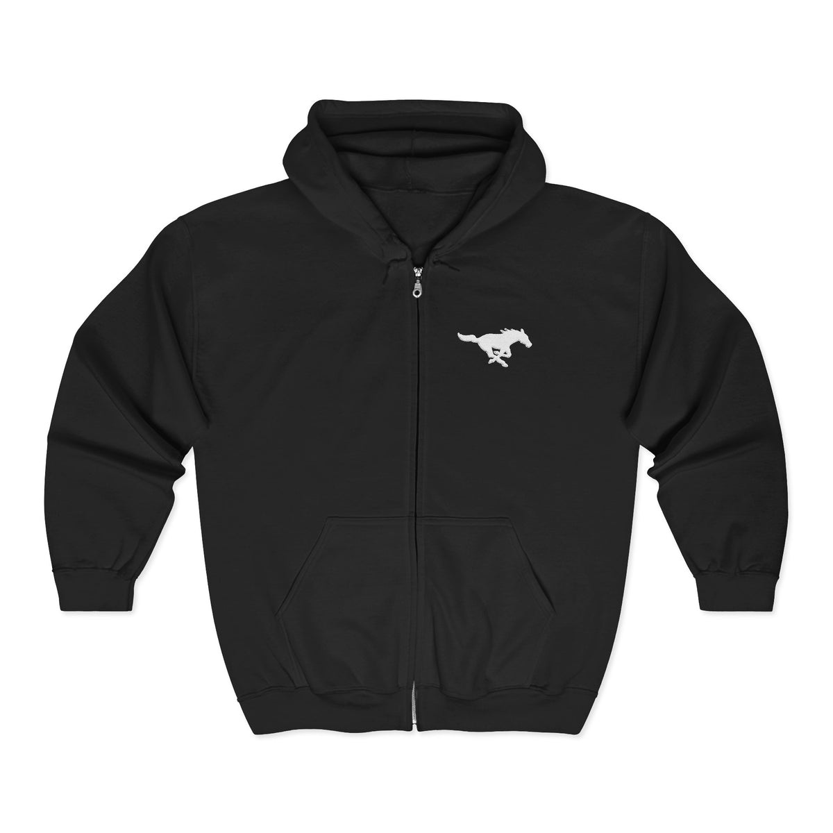 Embroidered White Mustang Full Zip Hoodie